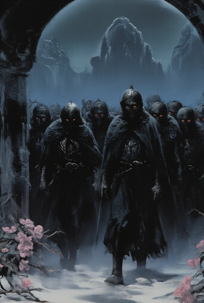 Dark, stylized military figures marching in rows. Numerous figures, dressed in dark, almost black, military-style coats, with distinct, heavy-duty uniforms. Intricate details on the coats and helmet style suggest a historical military aesthetic. Each figure wears a helmet and a mask, both characterized by intricate details, including disturbing, red glowing eyes. Figures are positioned in a straight, military formation. The backdrop features a mottled gray-blue textured wall, juxtaposed with a softly textured background of pale pink blossoms, creating a mood of eerie stillness or suspense. The lighting is subdued, with a focus on highlighting the figures, creating strong contrasts between light and dark. Perspective is full-view of the figures, suggestive of being in the middle of the formation. The overall tone and style is evocative of dark fantasy or science fiction. Precise rendition of form; solid design and clear lines . Color palette is dominated by dark shades of black and muted tones. The design shows an almost monochromatic, subdued color scheme, except for the glowing red eyes. The image possesses a distinct graphic style with textures creating depth and dimension to the figures, evoking a somber atmosphere. The background is a gradient of deep blues, suggesting twilight, contrasted by the light-colored sand dunes.
