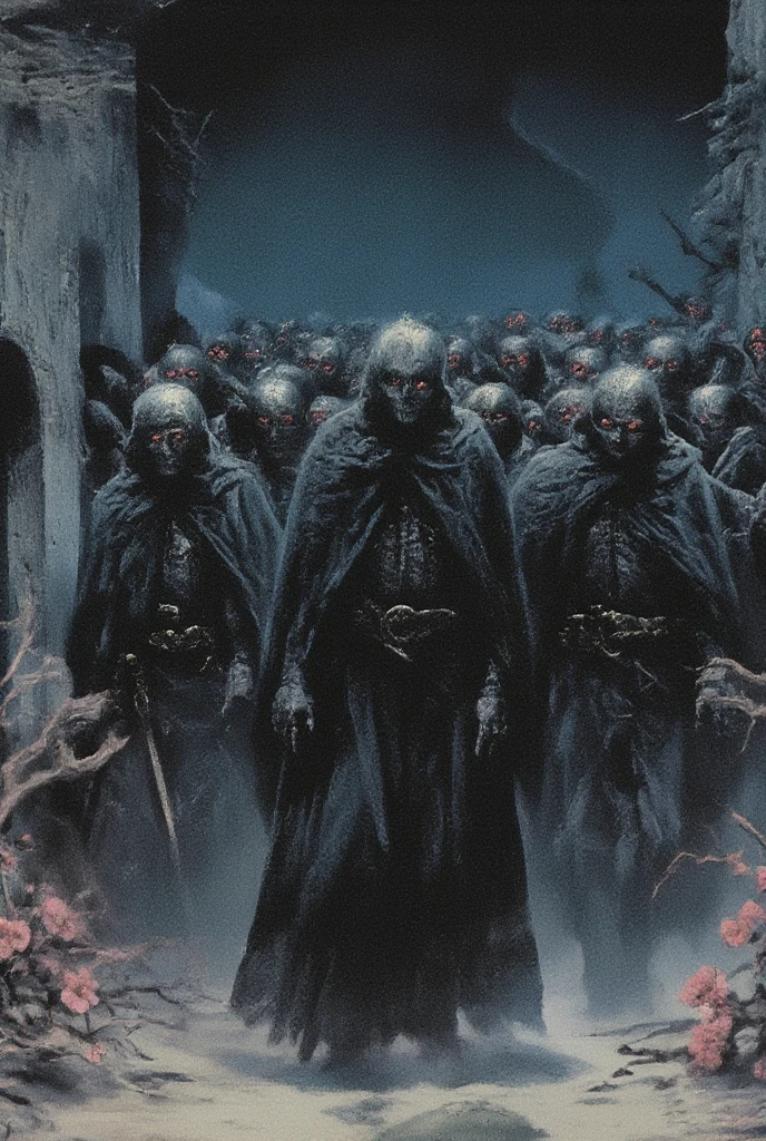 Dark, stylized military figures marching in rows. Numerous figures, dressed in dark, almost black, military-style coats, with distinct, heavy-duty uniforms. Intricate details on the coats and helmet style suggest a historical military aesthetic. Each figure wears a helmet and a mask, both characterized by intricate details, including disturbing, red glowing eyes. Figures are positioned in a straight, military formation. The backdrop features a mottled gray-blue textured wall, juxtaposed with a softly textured background of pale pink blossoms, creating a mood of eerie stillness or suspense. The lighting is subdued, with a focus on highlighting the figures, creating strong contrasts between light and dark. Perspective is full-view of the figures, suggestive of being in the middle of the formation. The overall tone and style is evocative of dark fantasy or science fiction. Precise rendition of form; solid design and clear lines . Color palette is dominated by dark shades of black and muted tones. The design shows an almost monochromatic, subdued color scheme, except for the glowing red eyes. The image possesses a distinct graphic style with textures creating depth and dimension to the figures, evoking a somber atmosphere. The background is a gradient of deep blues, suggesting twilight, contrasted by the light-colored sand dunes.
 ,illust、art、from 80s horror movie, directed by Junji Ito、Demon Beast、high detail, realsitic shadow、Analog style, vhs style, 8mm film, chromatic aberration, Dvd screengrab、Surrealism
