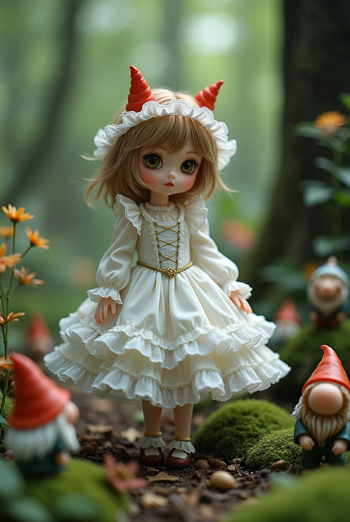 Nendoroid doll wearing frilly white gothic dress, surrounded by forest fairies and dwarves, professional and perfect composition, extremely delicate depiction, extremely clear image, effective effects, bold and dynamic, contrasts of light and shadow, 2.5D, artistic photography, hyper realistic, ultra detailed, absolutely resolution, masterpiece