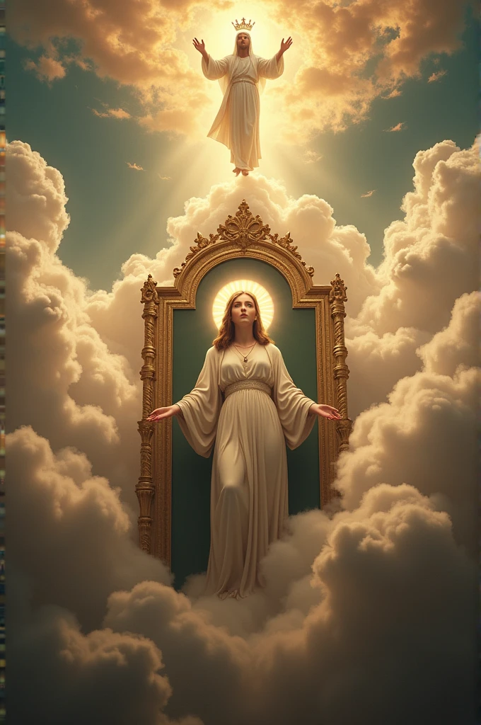 Christians being saved from the apocalypse by angels full of glory ,luz ,In the midst of world destruction