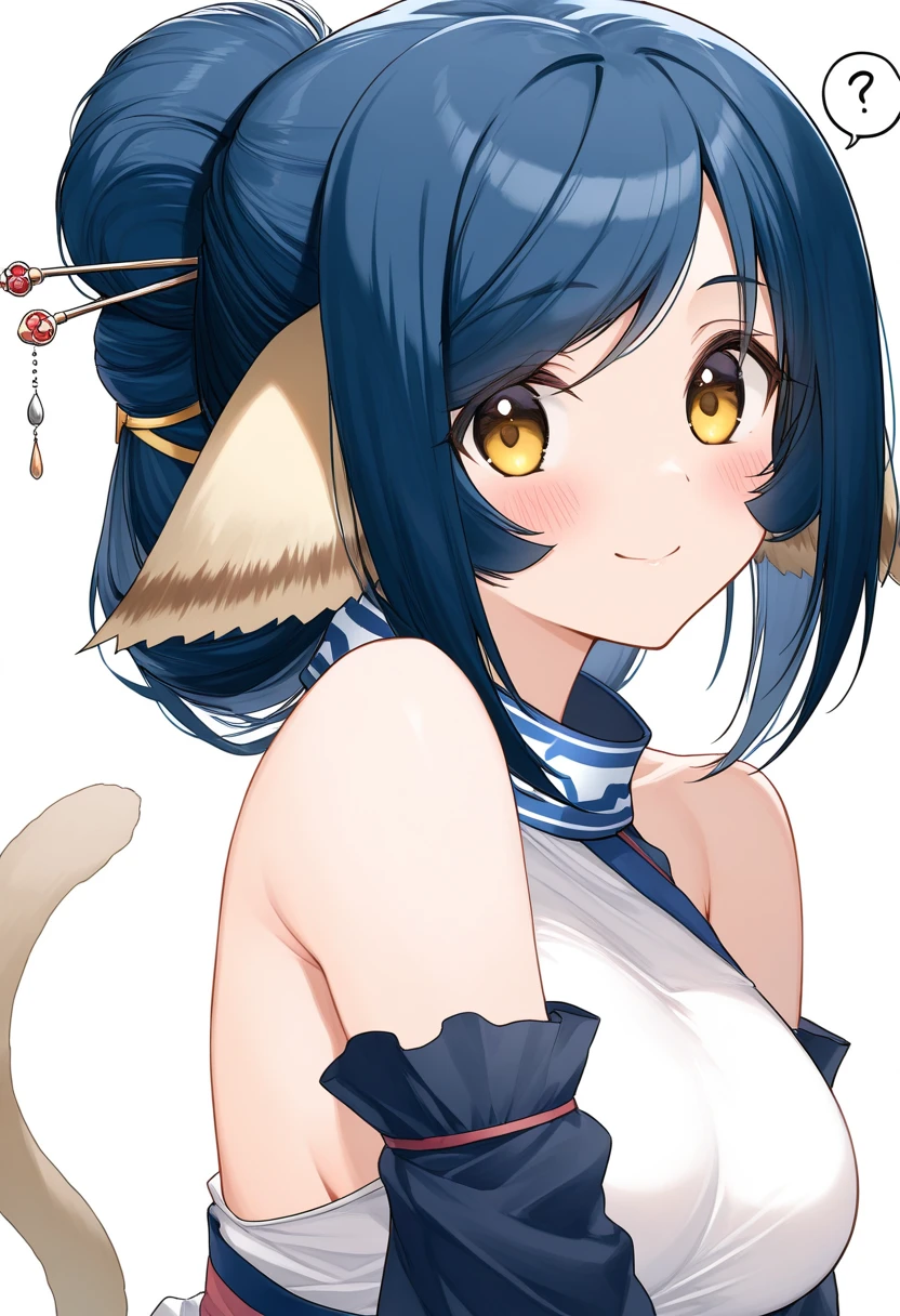 kuon_(utawarerumono), 1girl, long hair, animal ears, blue hair, breasts, yellow eyes, bare shoulders, blush, single hair bun, cat tail, brown eyes, medium breasts, cat ears, hair bun,, large breasts, hair ornament, hair stick, spoken question mark, hairpin, detached sleeves, sleeveless, looking at viewer,  solo, tail, white background, simple background, ?, smile, closed mouth