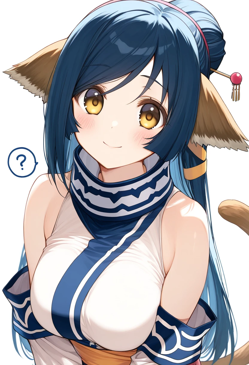 kuon_(utawarerumono), 1girl, long hair, animal ears, blue hair, breasts, yellow eyes, bare shoulders, blush, single hair bun, cat tail, brown eyes, medium breasts, cat ears, hair bun,, large breasts, hair ornament, hair stick, spoken question mark, hairpin, detached sleeves, sleeveless, looking at viewer,  solo, tail, white background, simple background, ?, smile, closed mouth