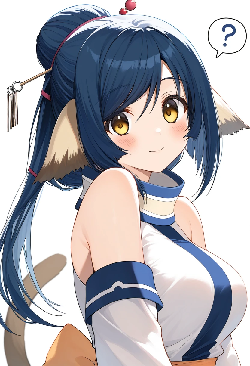 kuon_(utawarerumono), 1girl, long hair, animal ears, blue hair, breasts, yellow eyes, bare shoulders, blush, single hair bun, cat tail, brown eyes, medium breasts, cat ears, hair bun,, large breasts, hair ornament, hair stick, spoken question mark, hairpin, detached sleeves, sleeveless, looking at viewer,  solo, tail, white background, simple background, ?, smile, closed mouth