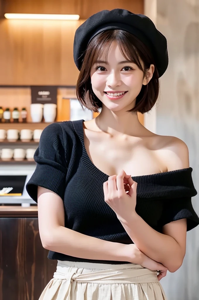 (masterpiece, best quality, perfect anatomy, highres, 8k, realistic, photorealistic, natural skin texture, no makeup:1.2), (morning:1.5), 1girl, solo, Japanese, age20, female fashionable university student, very cute, (large breasts:1.5), (standing at a Starbucks counter:1.2), (gently sliding her coat off one shoulder:1.2), She holds a takeaway latte in her other hand, her confident yet approachable smile catching the light, Her mini skirt and beret add to her chic autumn outfit, Her straight, shoulder-length hair frames her face as she looks toward the camera with a soft, inviting gaze, A modern café interior with clean lines and warm tones, vertical composition, jp idol, erogao