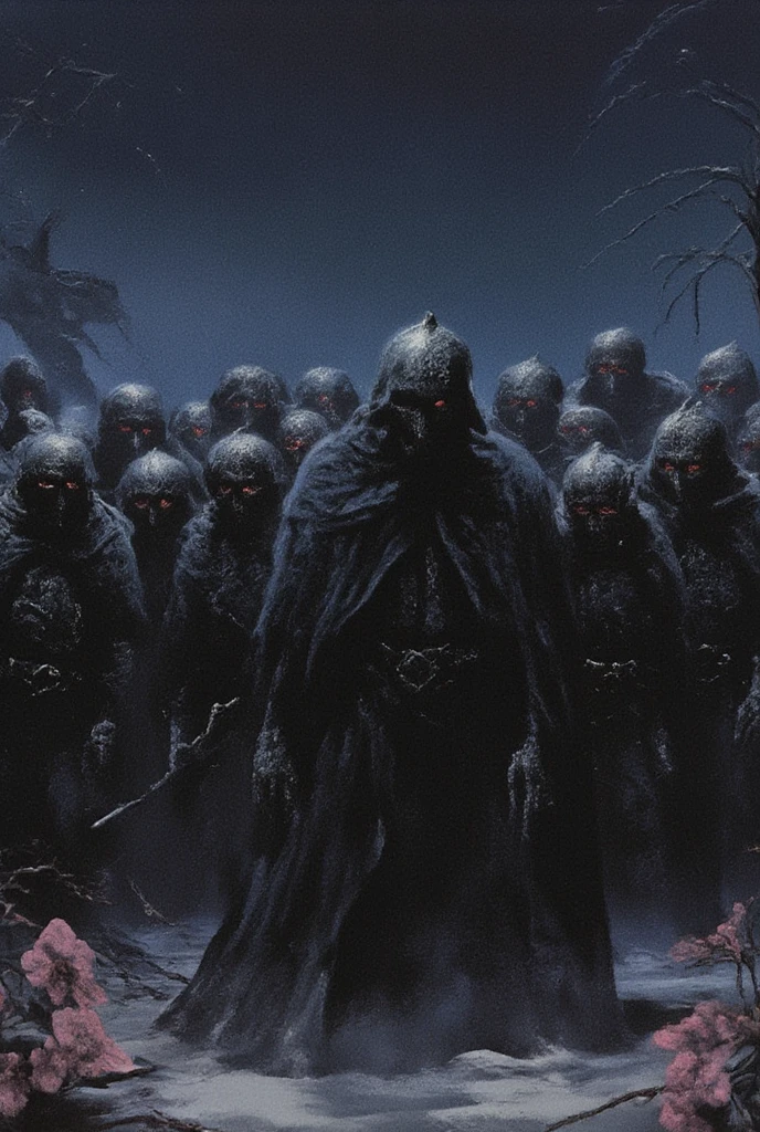 Dark, stylized military figures marching in rows. Numerous figures, dressed in dark, almost black, military-style coats, with distinct, heavy-duty uniforms. Intricate details on the coats and helmet style suggest a historical military aesthetic. Each figure wears a helmet and a mask, both characterized by intricate details, including disturbing, red glowing eyes. Figures are positioned in a straight, military formation. The backdrop features a mottled gray-blue textured wall, juxtaposed with a softly textured background of pale pink blossoms, creating a mood of eerie stillness or suspense. The lighting is subdued, with a focus on highlighting the figures, creating strong contrasts between light and dark. Perspective is full-view of the figures, suggestive of being in the middle of the formation. The overall tone and style is evocative of dark fantasy or science fiction. Precise rendition of form; solid design and clear lines . Color palette is dominated by dark shades of black and muted tones. The design shows an almost monochromatic, subdued color scheme, except for the glowing red eyes. The image possesses a distinct graphic style with textures creating depth and dimension to the figures, evoking a somber atmosphere. The background is a gradient of deep blues, suggesting twilight, contrasted by the light-colored sand dunes. ,illust、art、from 80s horror movie, directed by Junji Ito、Demon Beast、high detail, realsitic shadow、Analog style, vhs style, 8mm film, chromatic aberration, Dvd screengrab、Surrealism
