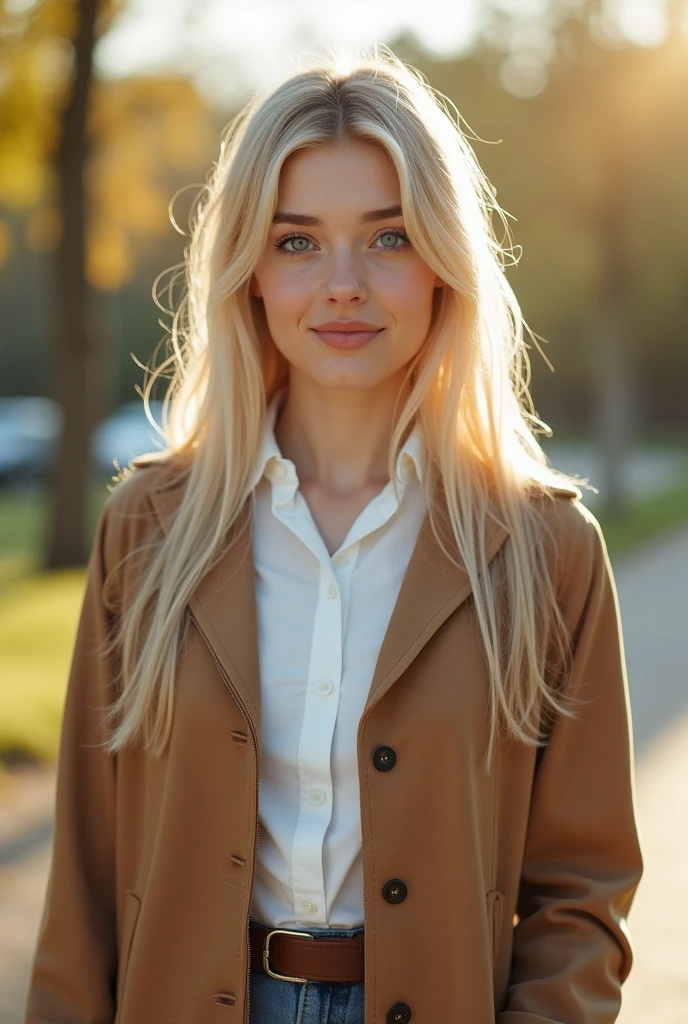 Hyper-realistic and detailed shot of a blonde woman .souriante de 25 ans portant un long manteau et une mini jupe. outside. Le soleil brille. Des yeux parfaits, (maquillage des yeux:1.1), (seins parfaits), (Highly detailed skin:1.1), ......RAW, style analogique, mise au point nette, 8K UHD, DSLR, High quality, Fujifilm XT3, grain, award winning, Masterpiece, Objectif 50mm, corps entier