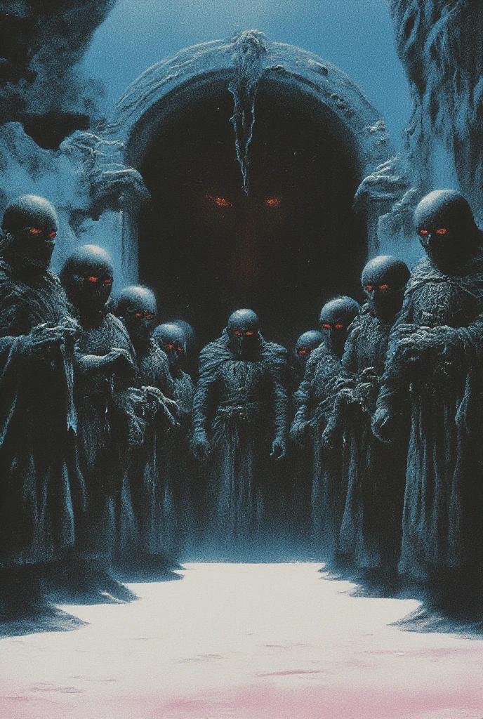 Dark, stylized military figures marching in rows. Numerous figures, dressed in dark, almost black, military-style coats, with distinct, heavy-duty uniforms. Intricate details on the coats and helmet style suggest a historical military aesthetic. Each figure wears a helmet and a mask, both characterized by intricate details, including disturbing, red glowing eyes. Figures are positioned in a straight, military formation. The backdrop features a mottled gray-blue textured wall, juxtaposed with a softly textured background of pale pink blossoms, creating a mood of eerie stillness or suspense. The lighting is subdued, with a focus on highlighting the figures, creating strong contrasts between light and dark. Perspective is full-view of the figures, suggestive of being in the middle of the formation. The overall tone and style is evocative of dark fantasy or science fiction. Precise rendition of form; solid design and clear lines . Color palette is dominated by dark shades of black and muted tones. The design shows an almost monochromatic, subdued color scheme, except for the glowing red eyes. The image possesses a distinct graphic style with textures creating depth and dimension to the figures, evoking a somber atmosphere. The background is a gradient of deep blues, suggesting twilight, contrasted by the light-colored sand dunes. ,illust、art、from 80s horror movie, directed by Junji Ito、Demon Beast、high detail, realsitic shadow、Analog style, vhs style, 8mm film, chromatic aberration, Dvd screengrab、Surrealism
