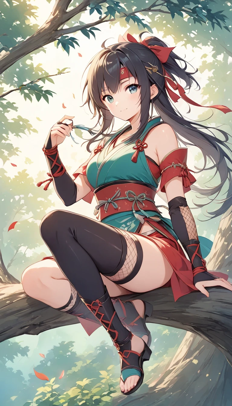 -arcana,arcana,Windranger anime style, solo, bow \(weapon\), weapon, 1girl, simple background, flower, long hair,, bug, green eyes, arrow \(projectile\), no humans, full bodyexposed belly, brown hair with red tips, short, (big boobs), (red tips)