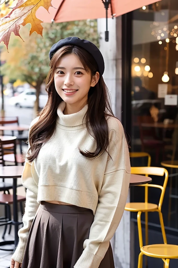 (masterpiece, best quality, perfect anatomy, highres, 8k, realistic, photorealistic, natural skin texture, no makeup:1.2), (morning:1.5), 1girl, solo, Japanese, age20, female university student, very cute, (large breasts:1.5), sitting at an outdoor café terrace, (adjusting a cozy knit scarf around her neck:1.2), She holds a latte cup in her hand, her mini skirt and beret adding charm to her autumn outfit, Her long, straight hair is lightly swayed by a gentle breeze as she smiles softly, creating a welcoming and warm scene, The café terrace is decorated with autumn leaves and cozy furniture, vertical composition, jp idol, inugao