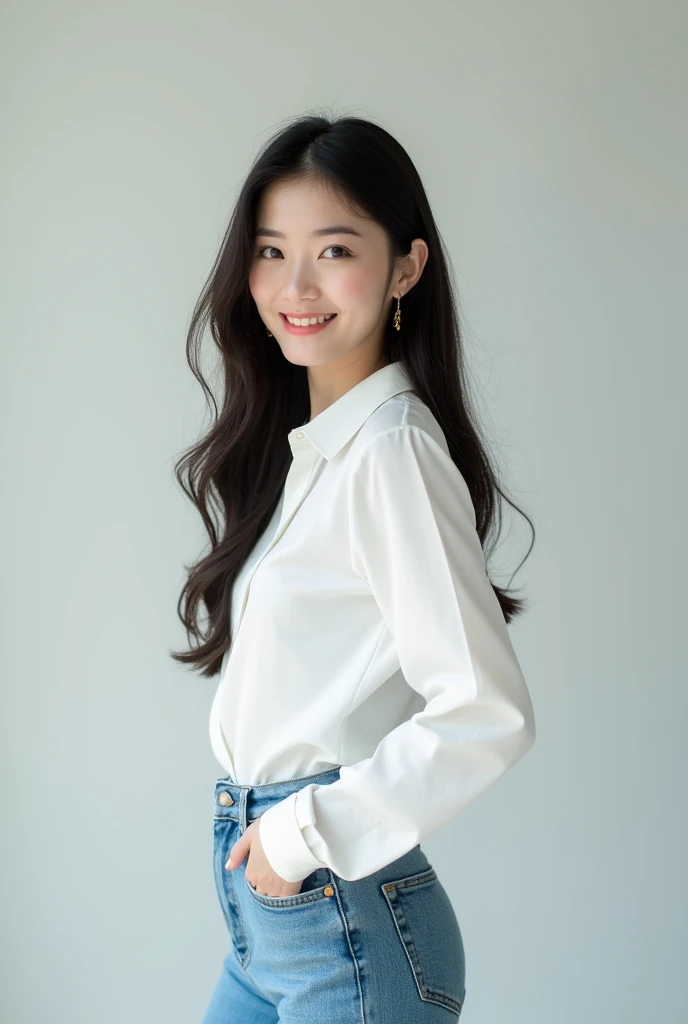 A woman wearing a sailor suit、Black socks、whole body、Realistic、8k、Highest quality、Very high resolution、The background is a blurred grey、stylish、Coquettish look、Smile seductively、Beautiful and seductive face、Highly detailed eyes、Intimate Face、Highly detailed skin texture、White skin、Perfect hands、Perfectly proportioned skin、Elegant face、Beautiful black hair、Random Hairstyles、((Flipping up a skirt:1.2)), ((I can see her black panties:1.3))
