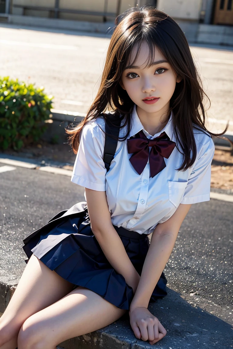 ((top-quality、masterpiece:1.3))、((Russian beauties))、1 female、14years、large full breasts:1.1、Slender body type:1.6、Toned abs、((Blonde semi-long hair))、((Japan schoolgirl uniform:1.5))、Super Detailed Face、Detailed lips、detailedeyes、二重まぶた、Plump smile、blue-sky、clouds、Looking to the right、blue eyess、wide Shots、((dynamicposes)))、(camel's toe)、(half)、(panthyhose)、(Sitting on legs bending the knees))