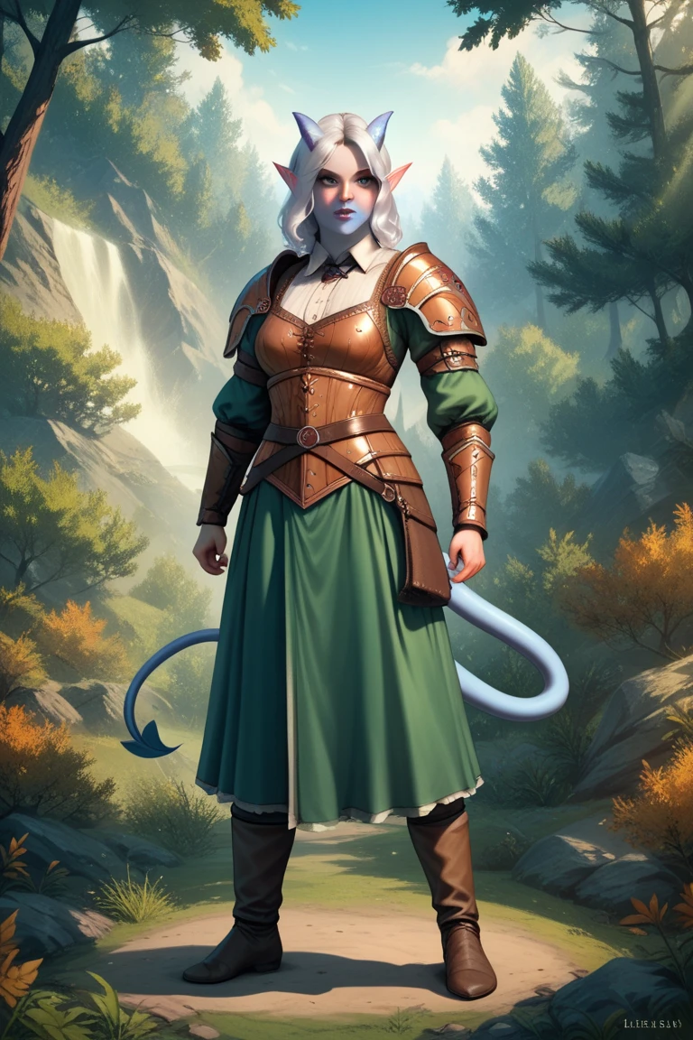 Tifling girl with azure blue skin , sharp, like an elf , ears,  tail. Medieval armor.  Expressive black eyes complement her bright appearance.  long white hair is loose and disheveled .  stands in the forest in a clearing.  She is dressed as a poor farmer from the fantasy world .  full length. forest in the background, medieval settlement . fighting the robbers 