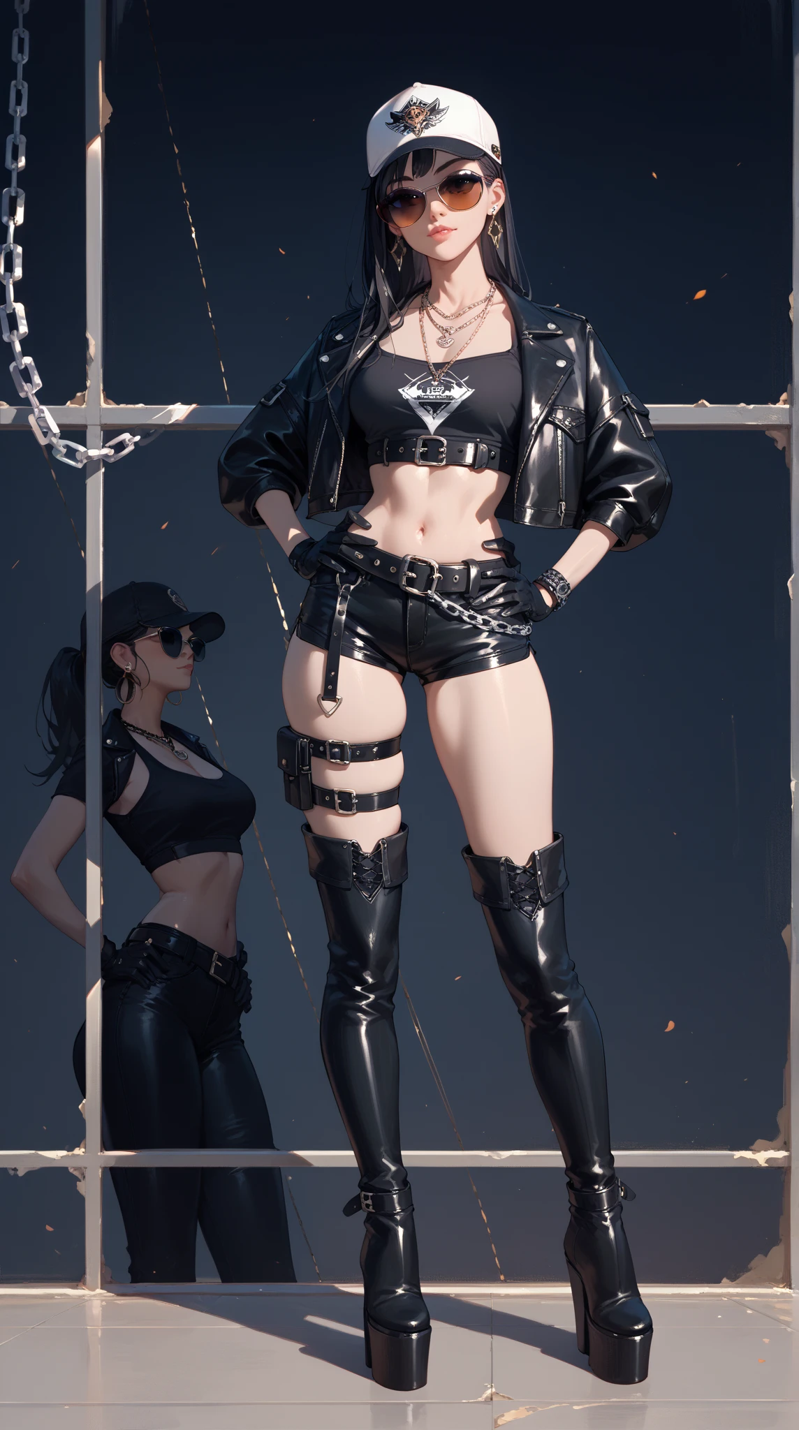  extra long platform thigh-high boots　Full body painting　cap black short leather jacket　 necklace　 black leather hotpants 　 thick belt　Black gloves　 necklace　 large belt buckle　Tall, long-legged woman　Chain wallet 　 long black hair 　 sunglasses　Hands on hips　earring single