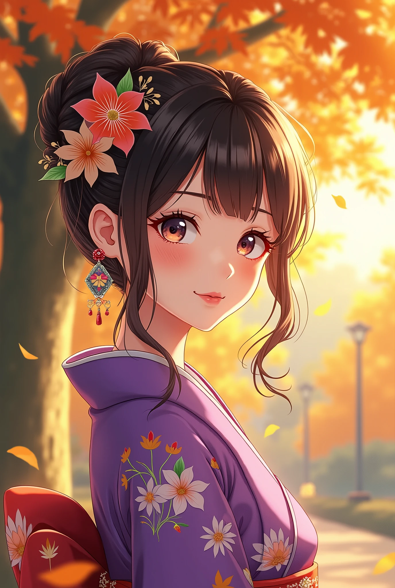 Anime bright brown black hair,  detailed beautiful eyes ,  Detailed Beautiful Face , Detailed beautiful nose,  wear a bright purple floral kimono,  Surrounded by golden autumn leaves ,Happy smile, ( beauty like a goddess ), Warm Sunlight ,  anime style , Flower decoration on her hair ,  elegant . The overall atmosphere is bright and cheerful, Japanese culture and seasonal beauty, big green tree, Harmony,  high image quality, masterpiece, 8K high definition,  anime illustration art, 