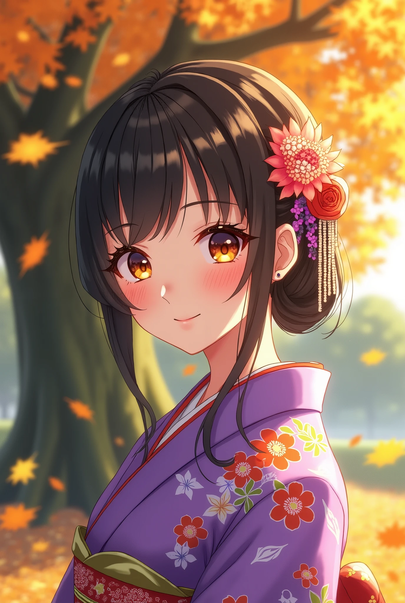 Anime bright brown black hair,  detailed beautiful eyes ,  Detailed Beautiful Face , Detailed beautiful nose,  wear a bright purple floral kimono,  surrounded by golden autumn leaves ,Happy smile, ( beauty like a goddess ), Warm Sunlight ,  anime style , Flower decoration on her hair ,  elegant . The overall atmosphere is bright and cheerful, Japanese culture and seasonal beauty, big green tree, Harmony,  high image quality, masterpiece, 8K high definition,  anime illustration art, 