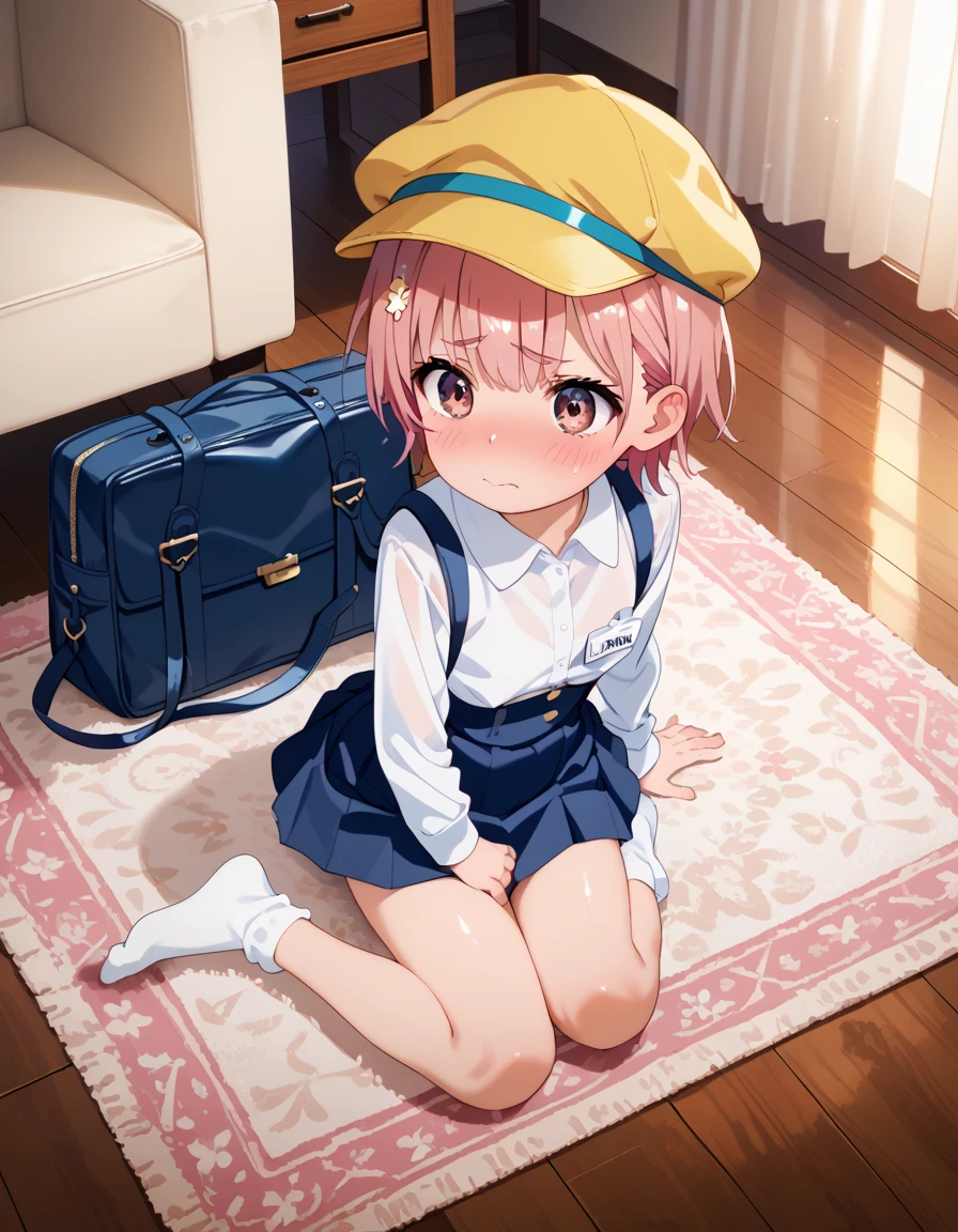 score_9, score_8_up, score_7_up, score_6_up, score_5_up, score_4_up, source_anime, masterpiece, best quality, loli, petite, shiny skin, gleaming skin, flat chest, pink hair, short hair, pink eyes, school hat,yellow headwear,pink shirt,long sleeves,name tag,(blue skirt:0.9),white socks,uwabaki,shoulder bag, underbust, embarrassed, on floor, indoors, :o, carpet, Stretch one leg, panties, full body,