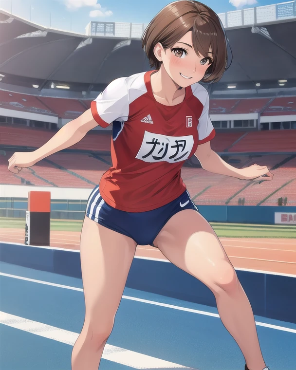 1 beautiful women ,dynamic angle,girl track and field athlete,small head,big breasts,meaty, at track and field ,(detailed beautiful face:1.4),detailed skin、Emphasis on the buttocks、２８age
