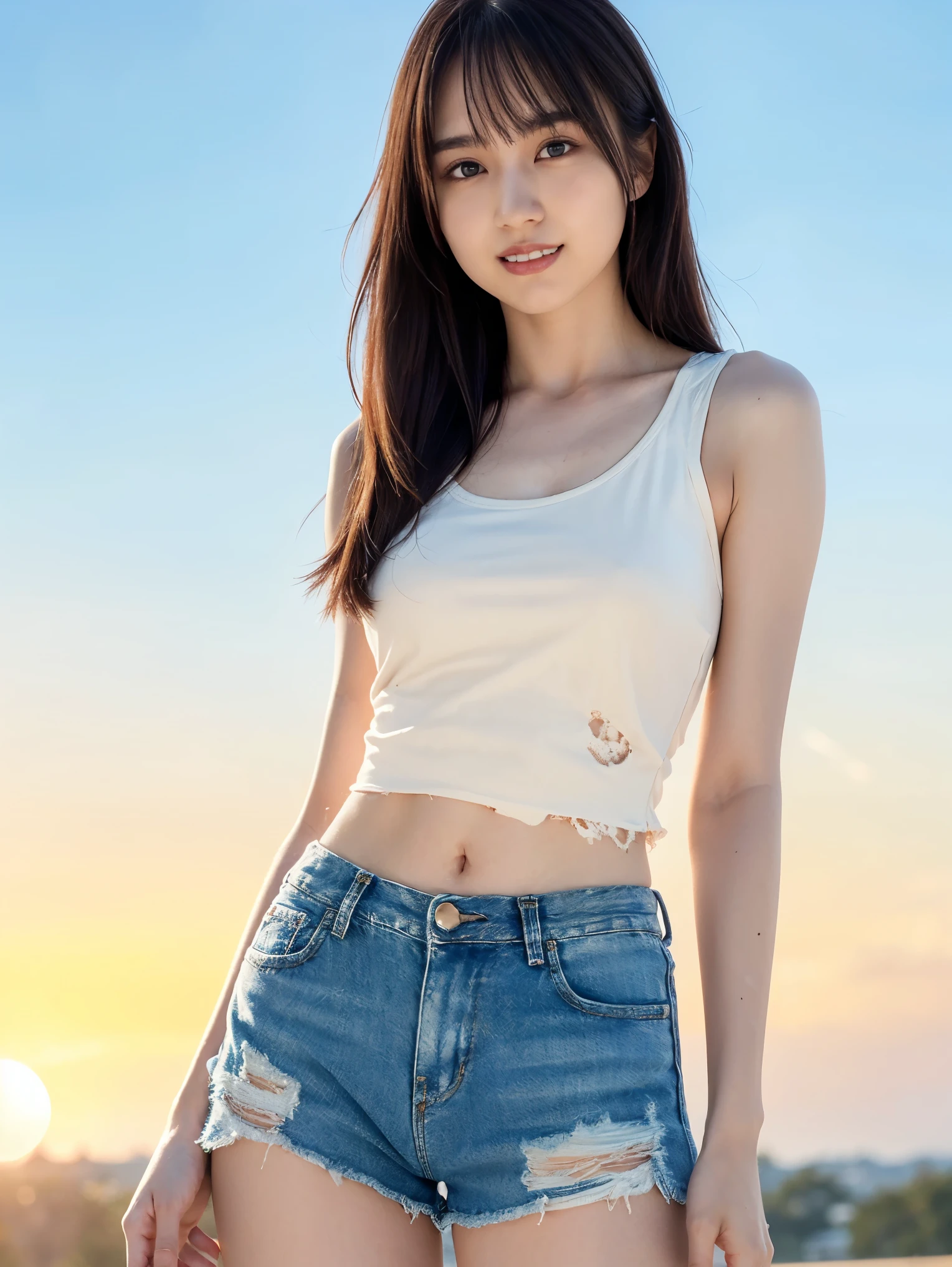 Arafed asian woman in a white tank top and denim shorts - SeaArt AI
