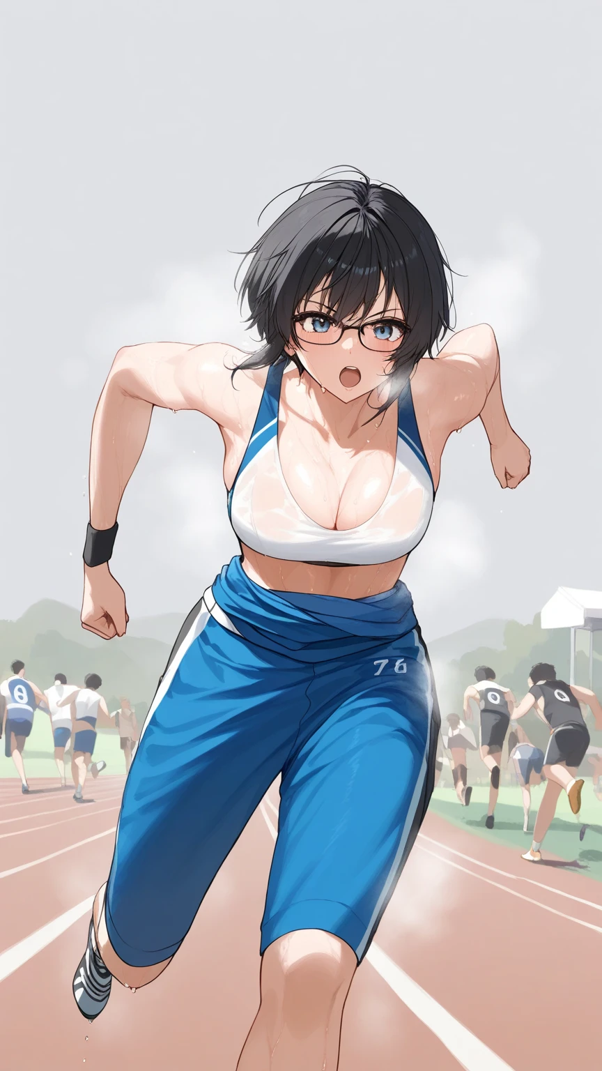 Black hair, glasses, marathon running, sweaty, steam coming off body