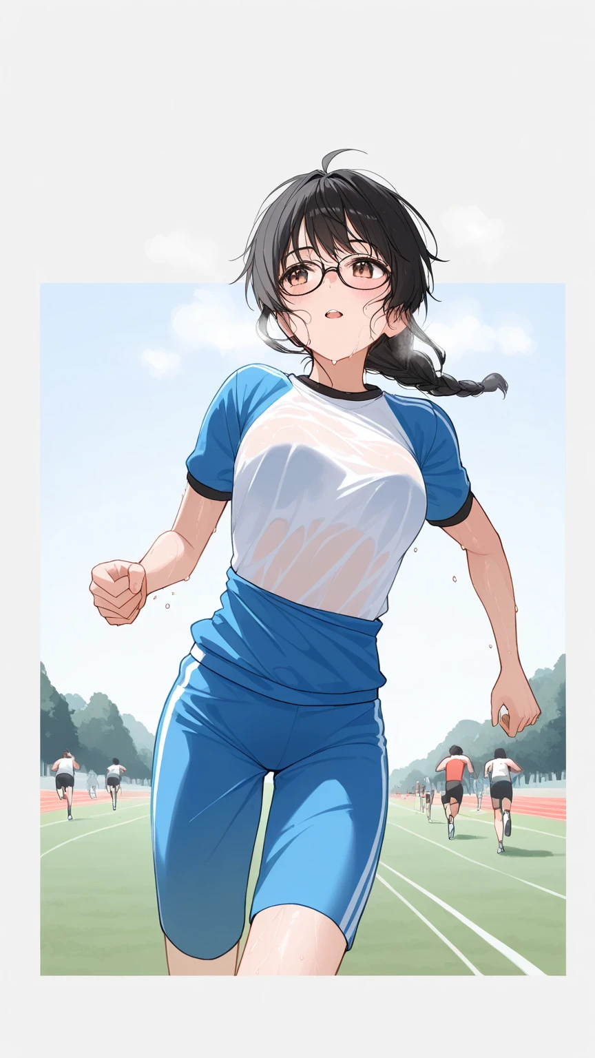 Black hair, glasses, marathon running, sweaty, steam coming off body