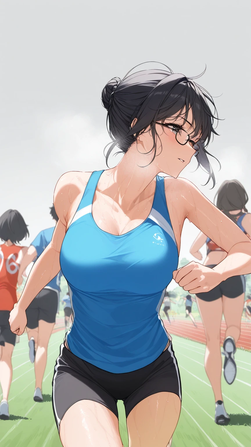 Black hair, glasses, marathon running, sweaty, steam coming off body