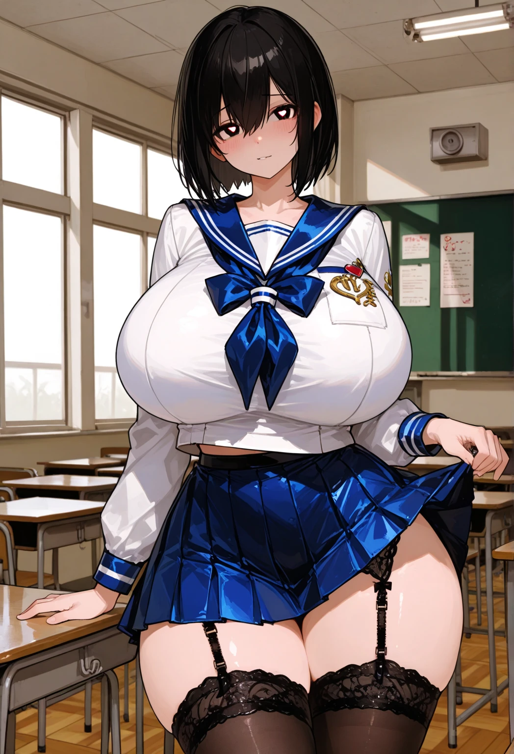  top quality , masterpiece,       748cm style      ,       girl1人,   classroom, (    sailor suit    )、     girl , masterpiece , Nice,    black hair 、(    skirt  :1.2)、     black stockings to hold hands   、    、 (    garter belt) 、  Wide Hips 、   Underbob   、    Wide Hips  、Protruding Thighs   ,  very huge big boobs、 heart eyes 