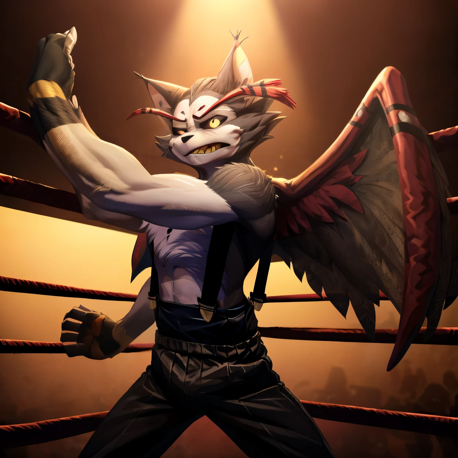 husk from hazbin hotel (a toned anthro black cat  with white chest/face and red wings sprouting from his shoulderblades), black pants, red suspenders, standing in a boxing ring with arms raised, ready to fight, cartoon style, highly detailed, dynamic pose, dramatic lighting, vibrant colors, epic action scene