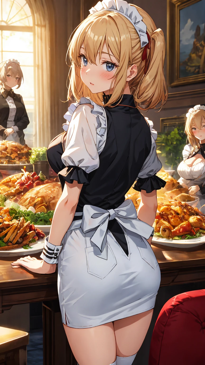 Pigtails, small, nipple seals, huge thighs, thick eyebrows, rabbits, thin waist, female brat, beautiful blonde, braids, gyudon, eating at the table, eating gyudon, full body focus, (masterpiece), ((best quality)), (super detailed), one girl, solo, (beautiful eyes)), beautiful detailed eyes, clean and detailed face, five fingers, textile shading, perfect anatomy,