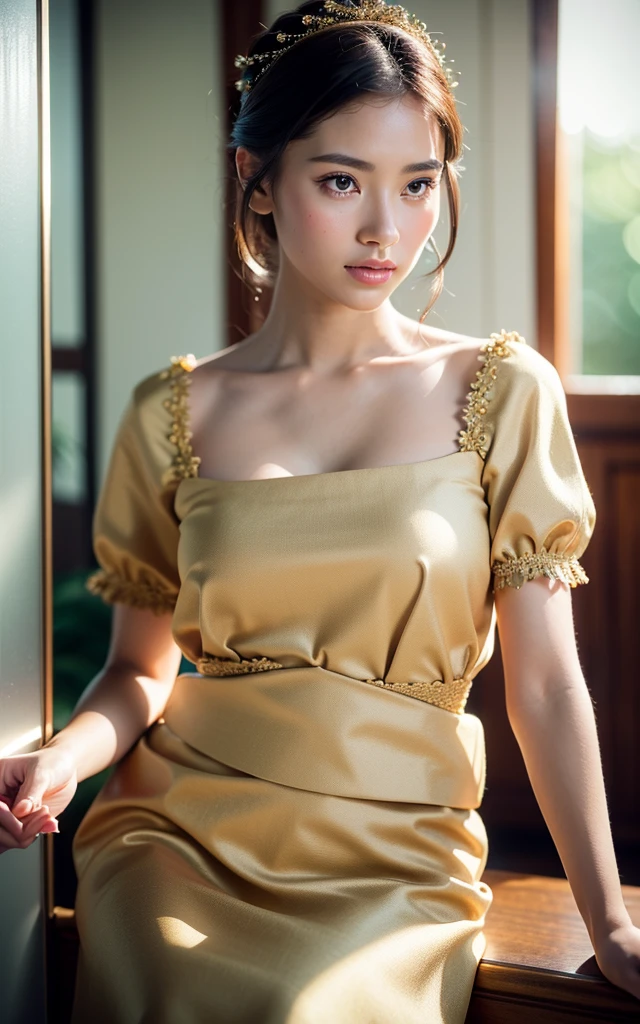 fulllength, 1 girl, perfect body, perfect face, fantasy noblewoman, brown hair tied in a bun, hazel eyes, wearing elegant clothing, standing in a palace, midriff, kind welcoming face