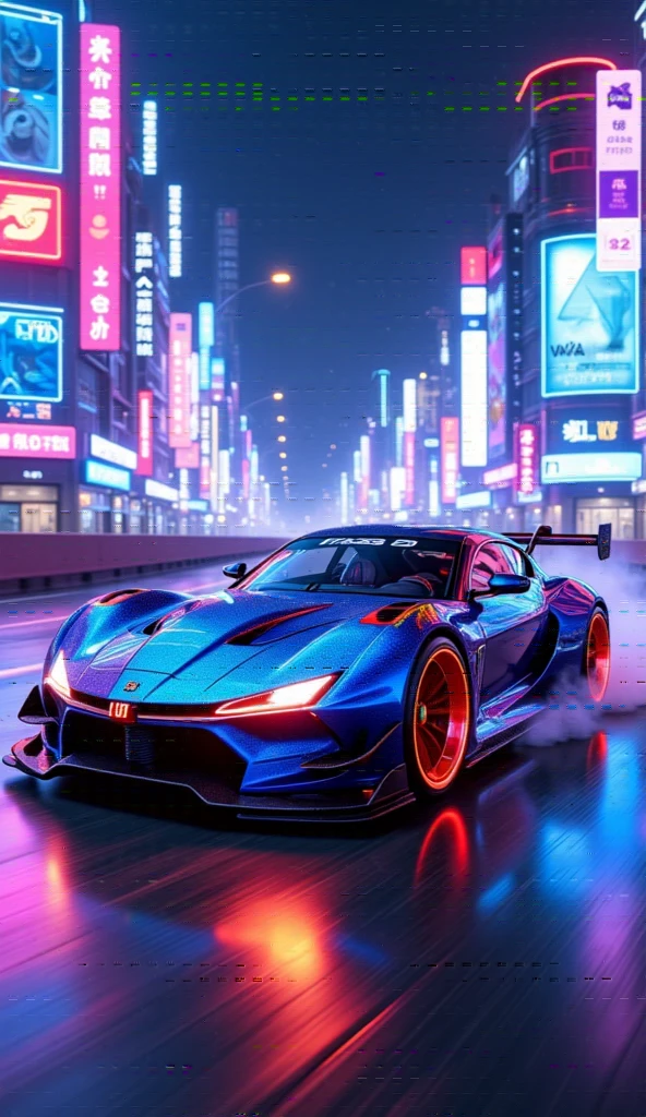 masterpiece、 ANATOMICALLY CORRECT 、 top quality 、 high detail、Neon Buildings、 Fairlady Zs30 、Blue Devil's Z 、 Custom 、 Wide Wheels 、Lowdown 、 detailed blister fenders in different colors、 Full Smoke 、 driving on the highway、Expressionally detailed drift driving、There is a sense of speed、