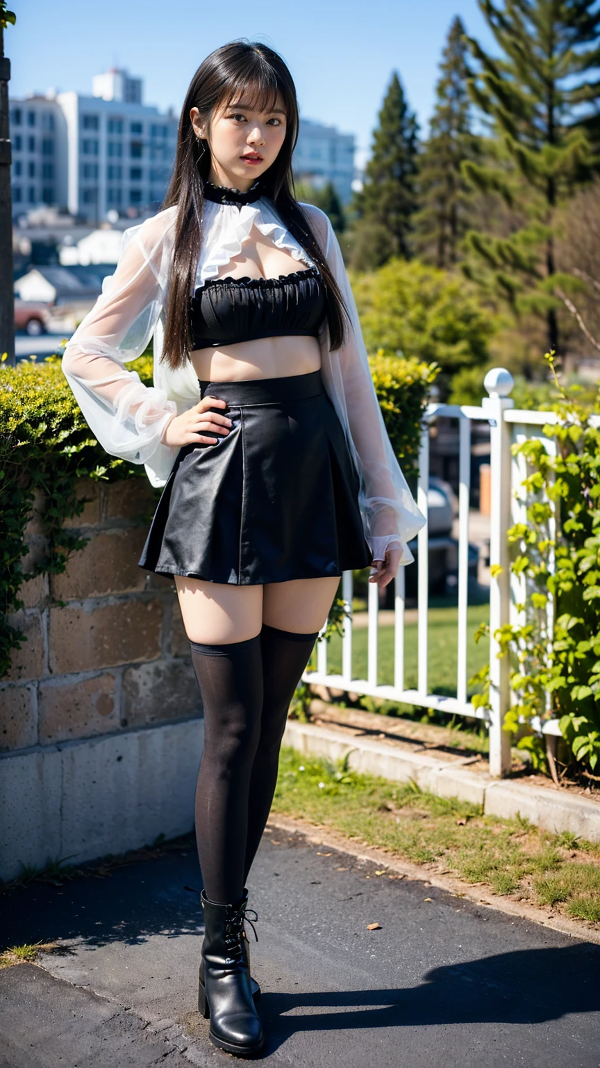 (8K、RAW Photos、Highest quality、masterpiece:1.2)、(Highest quality、Realistic)、1 Girl、((ribbon、Sweater Moon Costume、See-through、Frills、Big Breasts、Breast enlargement、smile、pink、and black、Lace cloak、mini skirt、Thin legs、whole body、boots、garden、View from the front、Looking into the camera、Idol Costume、Stand with hands on hips))、cute