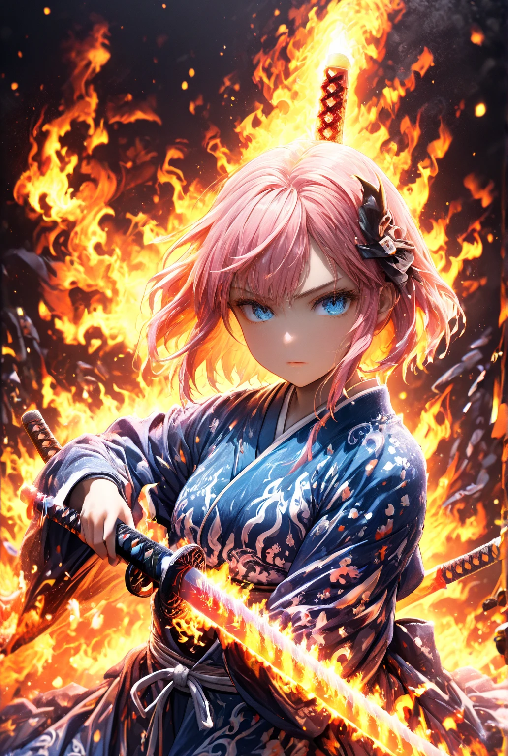 1lady,(((pink short hair,blue eyes))),solo,cool,
samurai girl,holding a sword,fantastic, look suspicious,
((flame sword)),fire,flame,blaze,