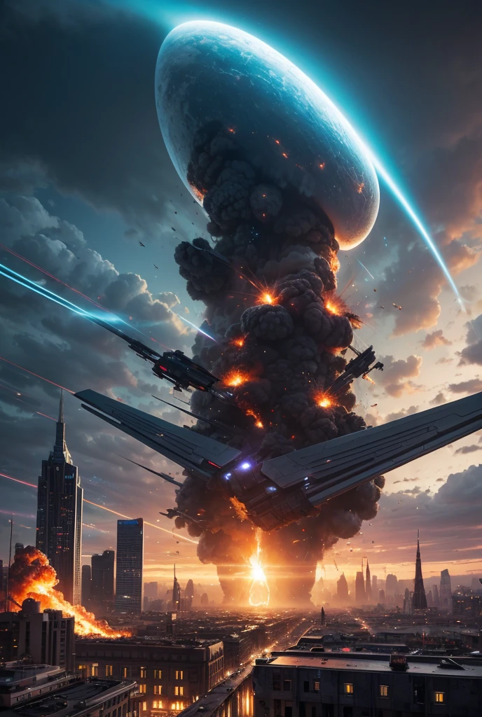 Alien flying saucer attacks a modern city, a beam of energy shining from it's base, smoke, fires, crumbling buildings, (jet fighters:1.5), expansive view, dark sky, depth of field, cinematic, highres, chaos:1.4