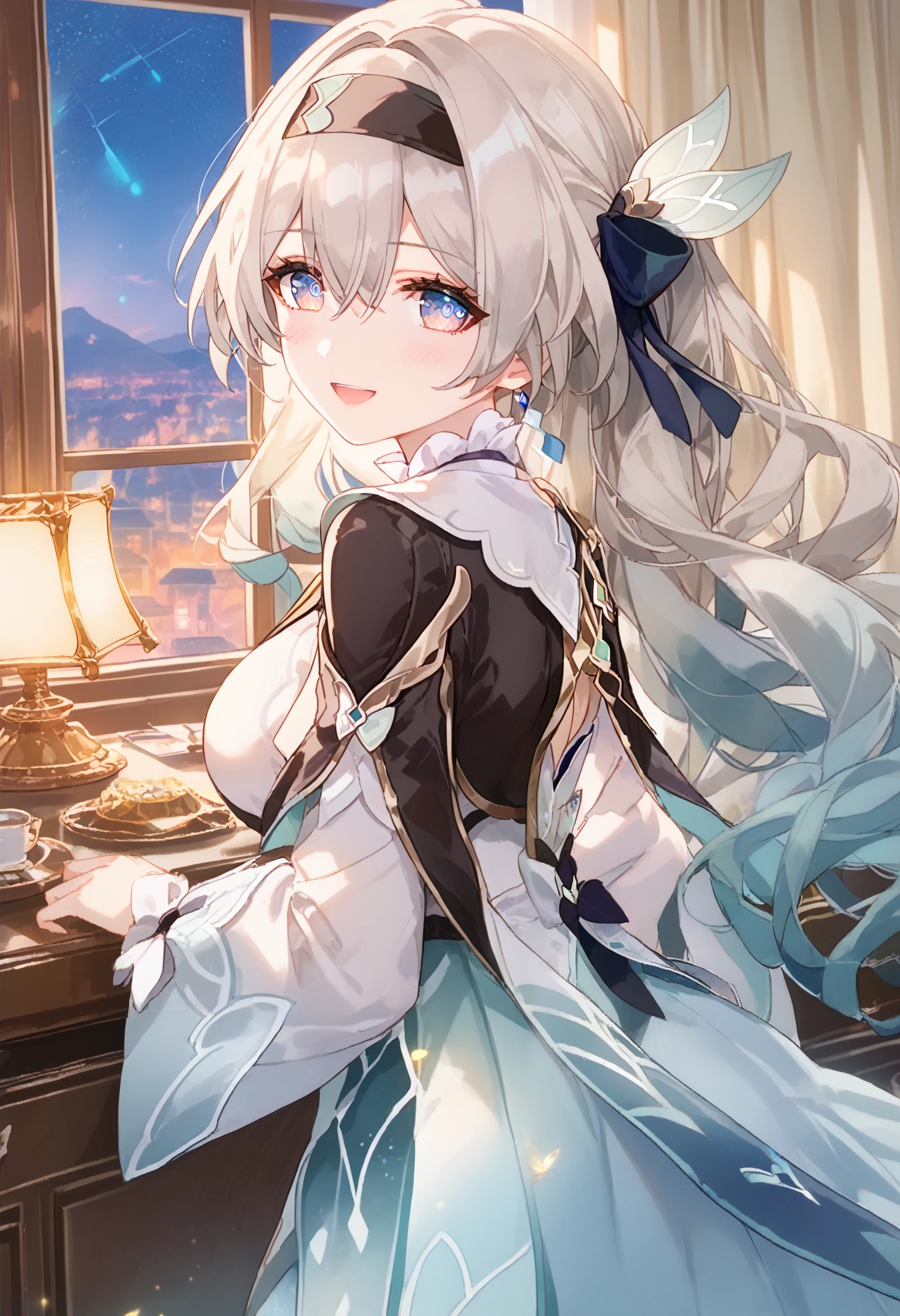 1girl, firefly,honkai star rail,solo, milf,long hair, breasts, looking at viewer, blush, smile, open mouth, blue eyes, Glamorous, erotic, mature, hair ornament, hair between eyes, white hair, grey hair, hair ribbon, ponytail, sidelocks, hair bow, indoors, looking back, window, gradient hair, hair intakes, black hairband, curtains, Tight long dresses,bere shoulder,