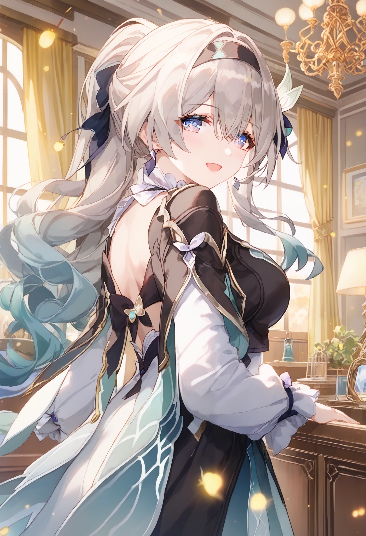 1girl, firefly,honkai star rail,solo, milf,long hair, breasts, looking at viewer, blush, smile, open mouth, blue eyes, Glamorous, erotic, mature, hair ornament, hair between eyes, white hair, grey hair, hair ribbon, ponytail, sidelocks, hair bow, indoors, looking back, window, gradient hair, hair intakes, black hairband, curtains, Tight long dresses,bere shoulder,