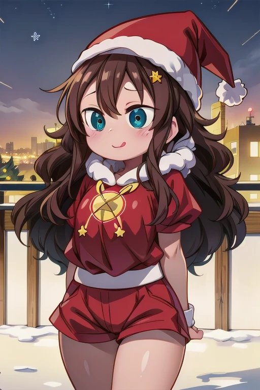 Christmas costume, sweating, Snow is falling officer,stars, detailed background, anatomy, Masterpiece, glowing eyes. Tongue out, big legs, big thighs,muy sonrojada, feliz, sonriente, shorts 