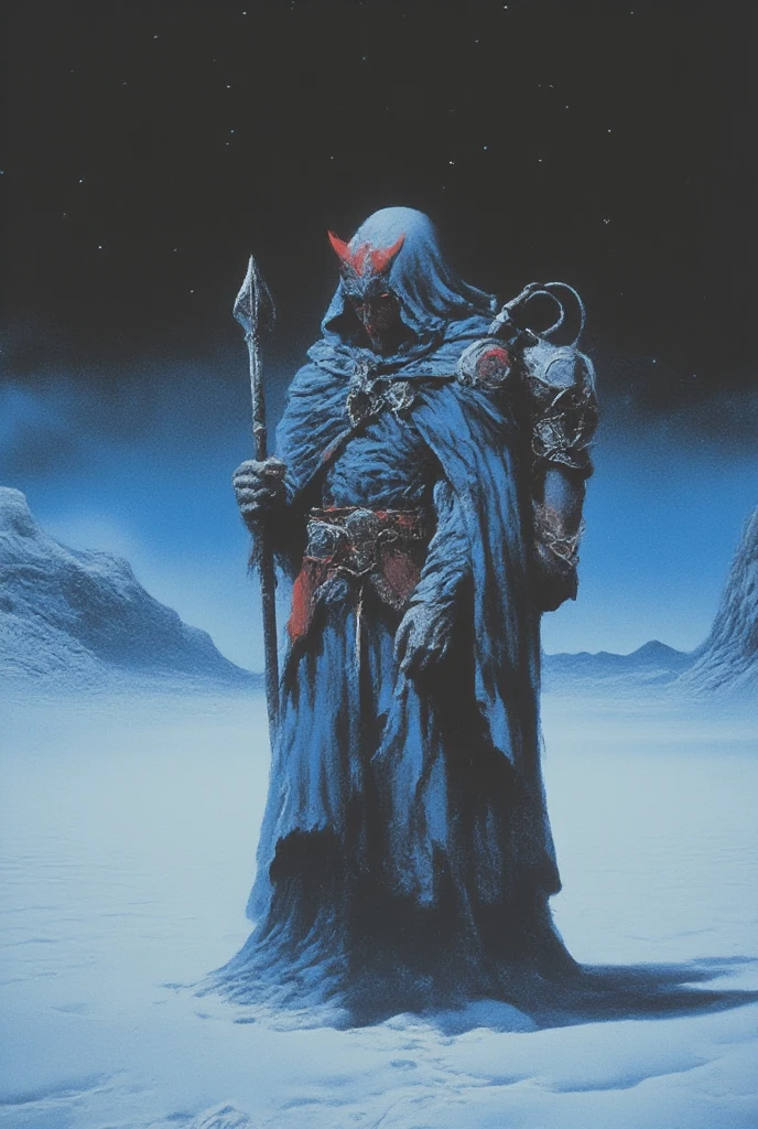 A cloaked figure stands in a stark desert landscape, wearing a white mask adorned with red horns and markings. The character is equipped with a spear in one hand and a large, loaded backpack on their back, featuring several pockets and gear. The figure’s attire, composed of layered fabrics and accessories, hints at a nomadic lifestyle. The background is a gradient of deep blues, suggesting twilight, contrasted by the light-colored sand dunes, 1 9 8 0 s Portada de ciencia - fidelidad, alien skull, por Don Maitz, por Richard Corben, 8 0 s arte, Cosmic horror style, 8 0's fantasy art, realsitic shadow、Analog style, vhs style, 8mm film, chromatic aberration, Dvd screengrab、Surrealism
