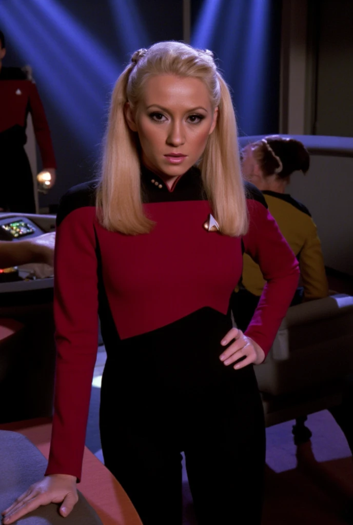 CHayden, a striking figure with long, voluminous platinum blonde twintails, stands confidently on the command deck of the USS Enterprise. Her hair cascades in soft, shimmering waves, tied neatly into twin ponytails with subtle metallic bands that glint under the dramatic lighting. She wears a sleek and perfectly tailored TNG-era red uniform, the fabric textured and realistic, with gold accents on the communicator badge and rank pips gleaming on her collar. The uniform hugs her figure elegantly, exuding both authority and style.

The command deck around her is bustling with futuristic energy, featuring glowing control panels, holographic displays, and the iconic captain’s chair positioned prominently. The background is blurred slightly with a shallow depth of field, drawing focus to CHayden’s dynamic pose as she stands tall with one hand confidently resting on her hip, the other gesturing toward a console.

The lighting is dramatic and cinematic, with beams of cool blue and warm gold illuminating her from above, creating sharp contrasts and enhancing the hyper-realistic details of her uniform and expression. Her gaze is intense and focused, exuding command and determination, while the faint hum of the starship’s operations fills the air. The scene is dynamic, energetic, and alive with the spirit of adventure, capturing a perfect blend of futuristic technology and commanding presence.