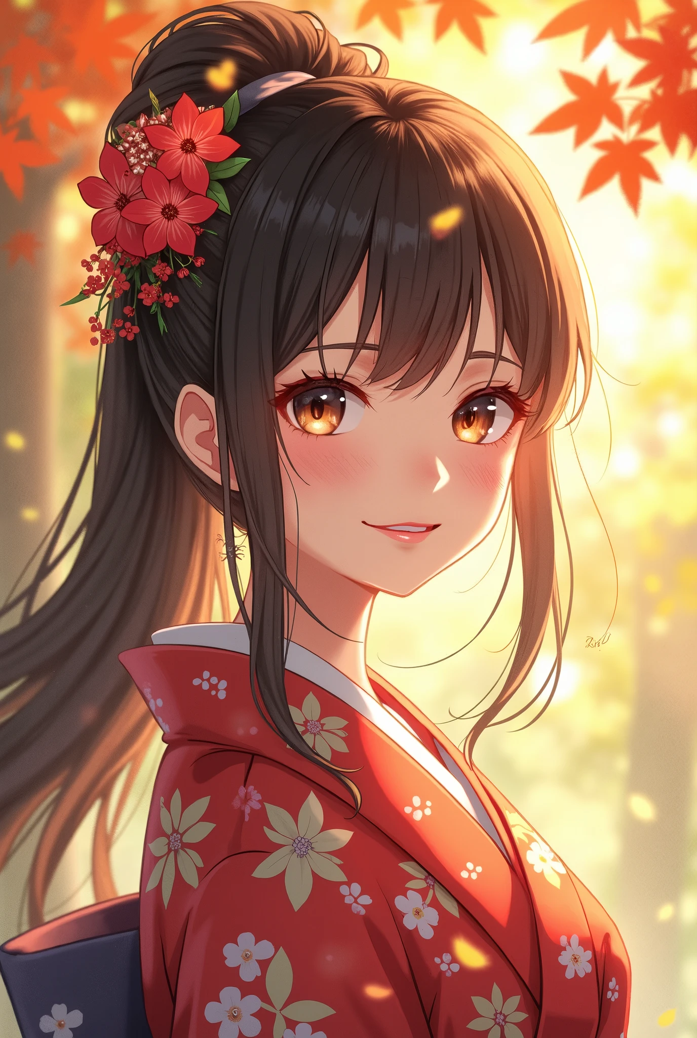 Anime bright brown black hair,  detailed beautiful eyes ,  Detailed Beautiful Face , Detailed beautiful nose,  wear a bright purple floral kimono, Happy smile, ( beauty like a goddess ), Warm Sunlight ,  anime style , Flower decoration on her hair ,  elegant . Japanese culture and seasonal beauty,  fall foliage, Green leaves, Harmony,  high image quality, masterpiece, 8K high definition,  anime illustration art, 