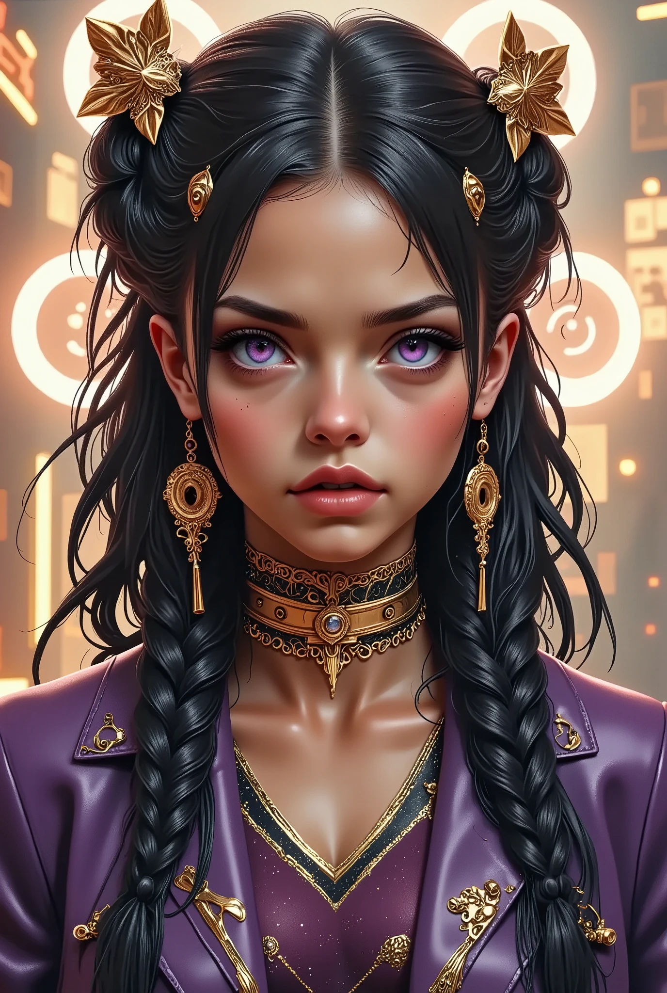  a painting of a brown woman wearing gold jewelry, purple clothes with purple eyes and braids, a portrait of a character inspired by Thomas Blackshear , trendy in cg society, afrofuturism, black African Princess,  impressive art style , dark goddess of feminine skin of love , An impressive portrait of a goddess, stunning African Princess, ross drawings | afrofuturism, afrofuturistic, Beautiful character painting, African Princess, detailed and beautiful portrait
