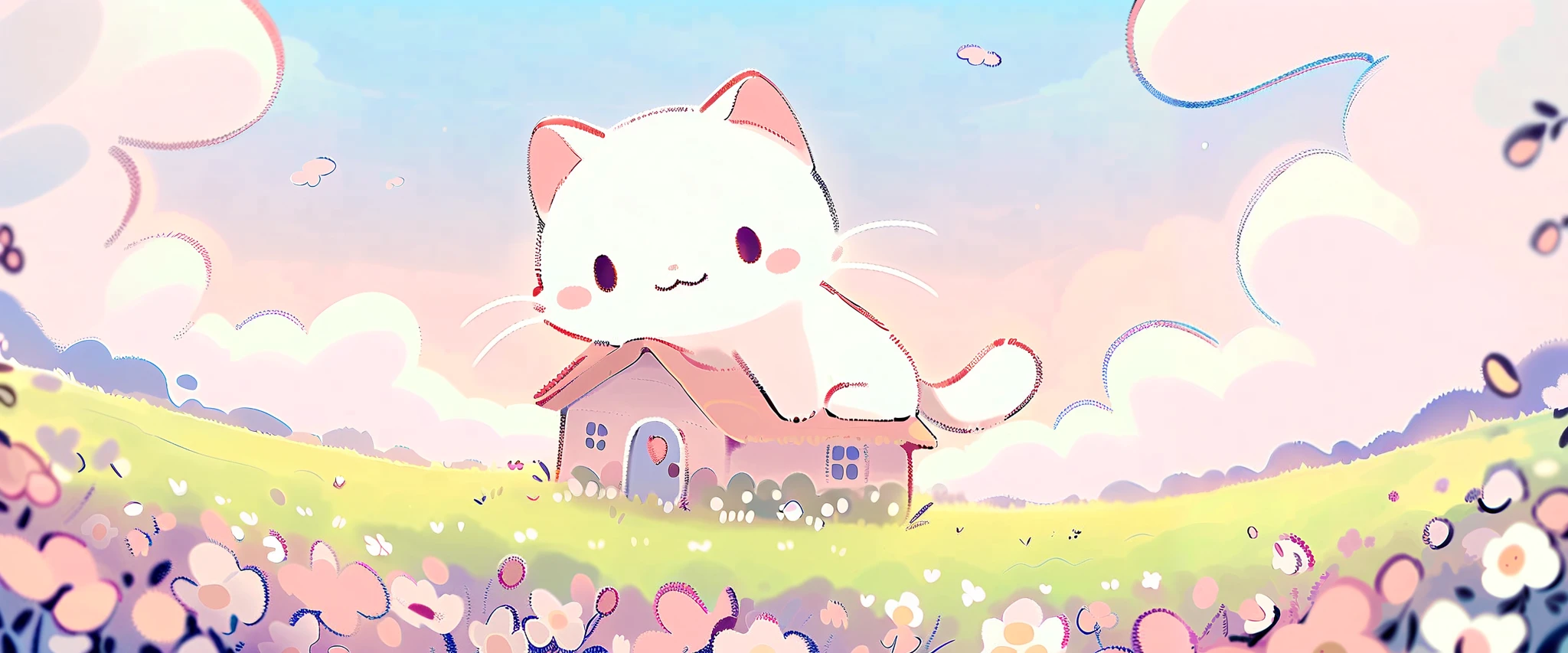 cartoon cat and kittens In a field of flowers with a sky background, Animated visual of cute cats, Kawaii cat, Cute cat, Lovely artwork, sitting In a field of flowers, In a field of flowers, Cute anime, Soft anime illustration, by Eizan This is a gift, Illustration of two cats, Anime cat, background is heavenly，Blue sky and white clouds，landscape ,Scottish folding cat. lakeside, wildflowers, There are houses in the distance. Dreamy