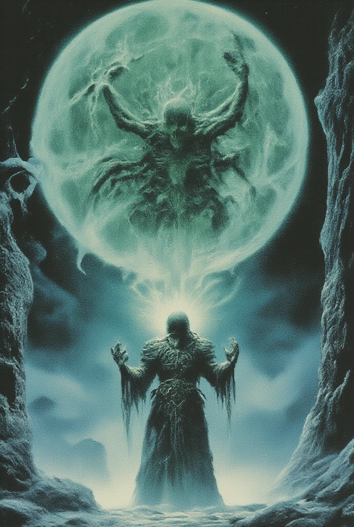 A spectral, otherworldly figure stands in a dark void, illuminated by an ethereal, glowing aura of pale greenish-white light. The central figure is clad in ornate, organic armor that appears both skeletal and chitinous, with intricate, layered textures resembling carved bone and jagged shells. The armor features asymmetrical protrusions, including spiked pauldrons and claw-like accents, evoking a sense of malevolent elegance. Flowing from its form are ghostly, flame-like wisps of light that ripple and dissolve into the surrounding darkness, adding movement and an unearthly quality. The figure's head is a void-like silhouette framed by a halo of glowing energy. This hollow face contrasts sharply with the surrounding luminosity, lending a supernatural, ominous presence. It wields a jagged, curved blade in one hand, seemingly an extension of its form. The weapon shares the same spectral glow, with subtle details suggesting bone-like structure fused with energy. A massive, overexposed full moon dominates the top center of the composition, radiating a blinding white luminescence that washes over the scene. Its soft, diffused edges blend into the dark sky, enhancing the contrast with the surrounding void. On the right side of the composition stands a crumbling stone wall, rendered in cold, desaturated blue-gray tones. The wall’s surface texture features cracks, erosion, and weathering that add a tangible, ancient feel. The lighting on the wall comes from the spectral figure, creating sharp, directional highlights and shadows that emphasize its depth. The overall aesthetic employs a limited, high-contrast color palette dominated by deep blacks, glowing greens, and pale blues, evoking a gothic-fantasy atmosphere. The rendering technique featur ,1 9 8 0's heavy metal album art, psychedelic cosmic horror, 8 0 s Print Science fiction art, 1 9 8 0 s Portada de ciencia - fidelidad, alien skull, por Don Maitz, por Richard Corben, 8 0 s arte, Cosmic horror style, 8 0's fantasy art