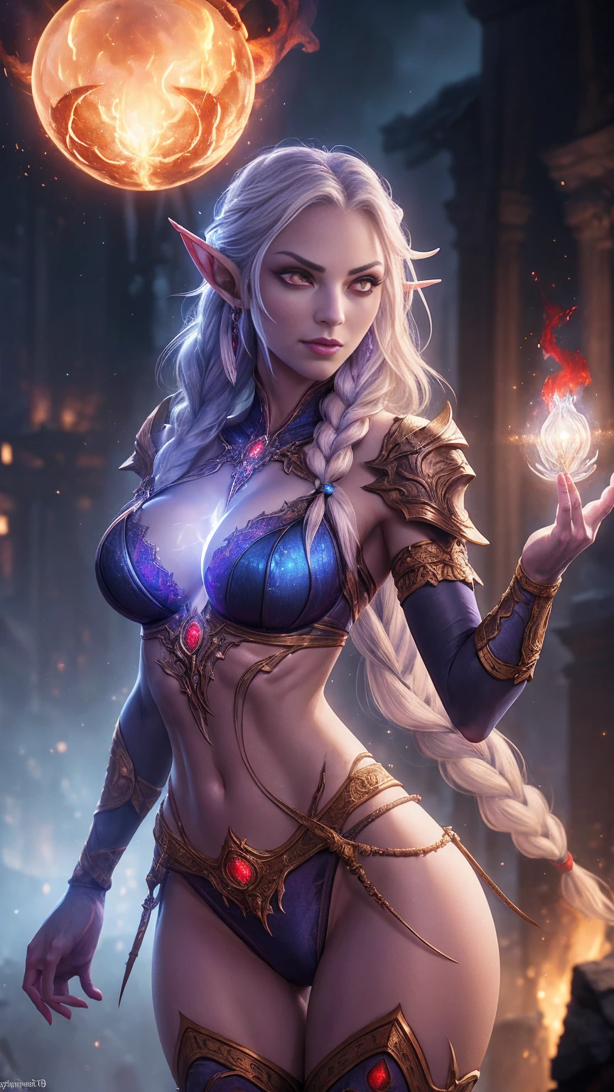 ((One Woman)), One Woman, masutepiece, of the highest quality, Queen of the Grey Elves, bikini of, central, Wide leather belt, Peach Boots, viewer, Face, Portrait, Glowing eyes, Green smoke,  Black background, large udder, Bare skin, devil's figure, Docking screen, Muscle Girl, ultra wide lens,