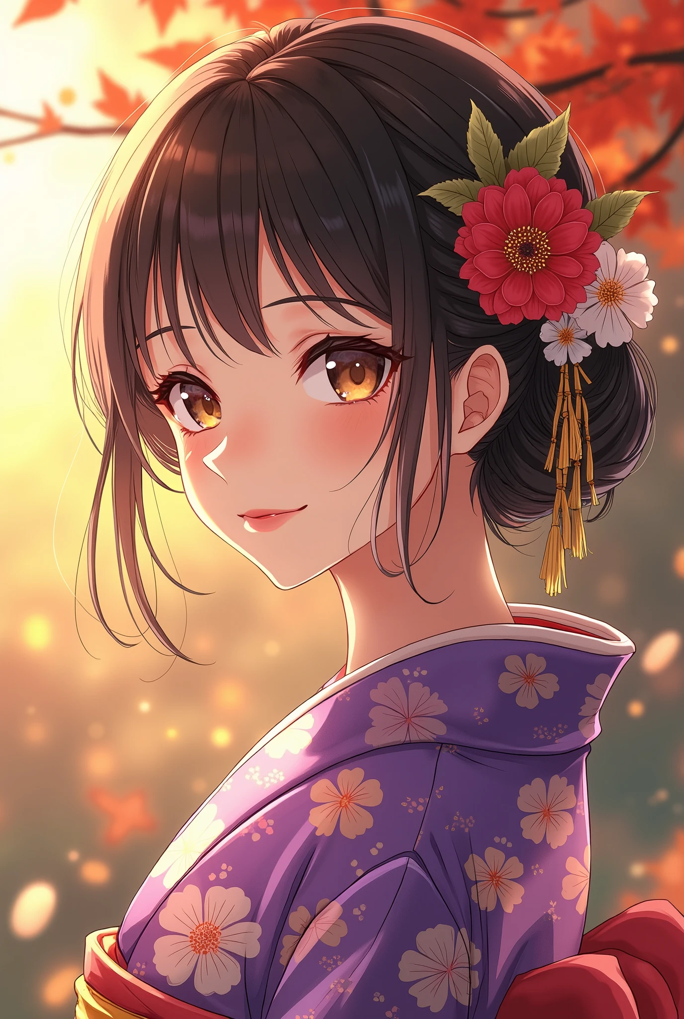 Anime bright brown black hair,  detailed beautiful eyes ,  Detailed Beautiful Face , Detailed beautiful nose,  wear a bright purple floral kimono, Happy smile, ( beauty like a goddess ), Warm Sunlight ,  anime style , Flower decoration on her hair ,  elegant . Japanese culture and seasonal beauty,  fall foliage, Pine green , Harmony,  high image quality, masterpiece, 8K high definition,  anime illustration art, 