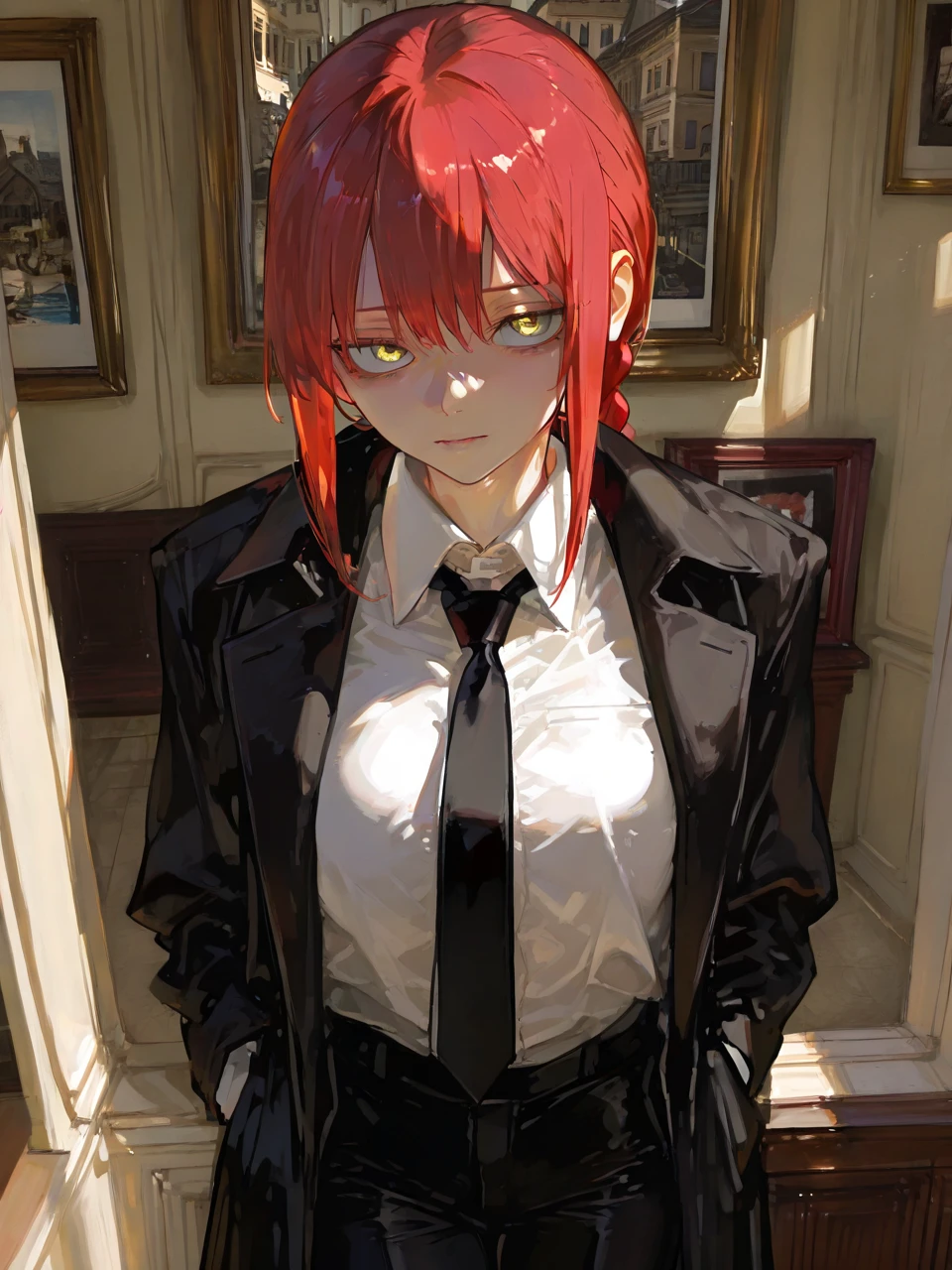         top quality,         top quality,           High Quality Images         ,     masterpiece  ,               super high res      ,              detailed background   ,              absurd,            perfect anatomy     ,     ,       good lighting      ,           Photo Gallery      ,           1 mature woman having a fight、Makima、 braided ponytail , Red Hair,  Eyes Swollen 、  yellow eyes,  collared shirt  , Black Tuxedo ,  Black Pants  ,  black coat  , Black tie、輝く瞳,  big eyes , Around town、building、disaster々Aura of freshness