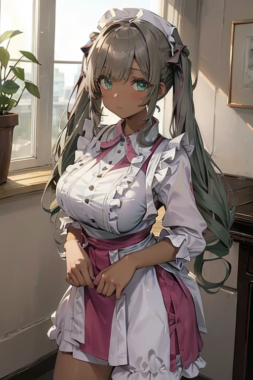 {{{solo}}}, (((greek clothes)))), (((dark skinned))), silver long_hair, (((twin tails))), (((dark green eyes))), (((solo))), (((1_beautiful_lady))), beautiful_face, good_anatomy, best_quality, beautiful, Vena Dis(danmachi), medium breasts, (masterpiece), detailed eyes, ((best resolution)), (ultra HD), breast, perfect anatomy, AddXL