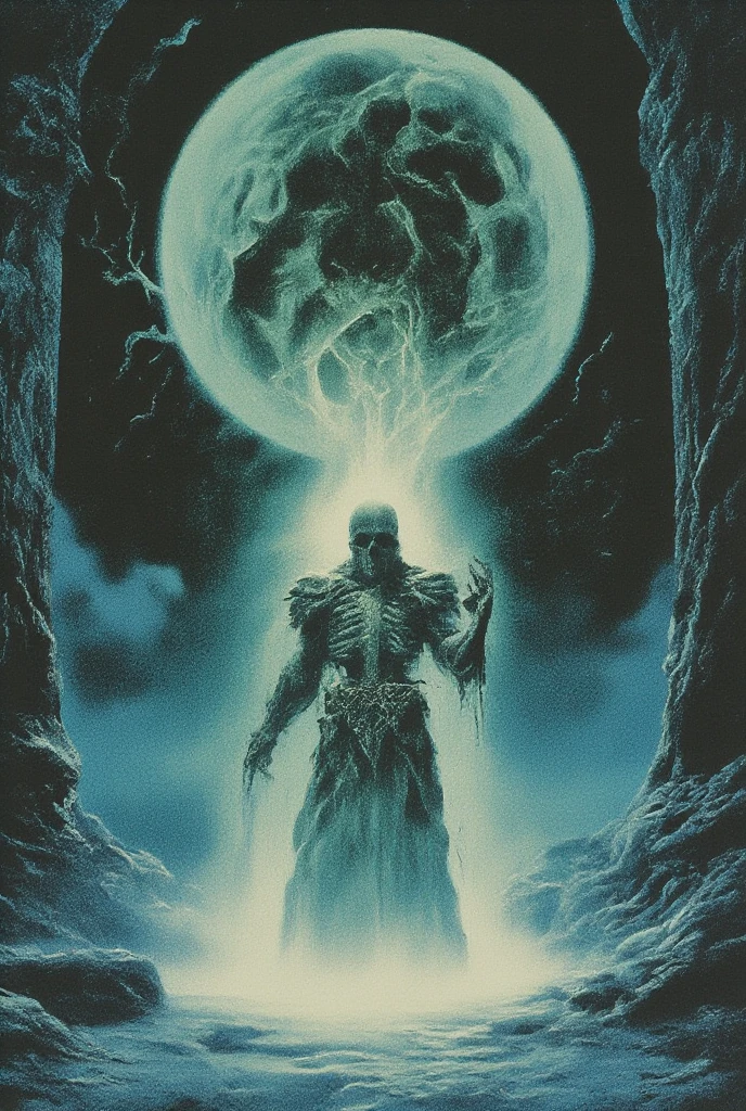 A spectral, otherworldly figure stands in a dark void, illuminated by an ethereal, glowing aura of pale greenish-white light. The central figure is clad in ornate, organic armor that appears both skeletal and chitinous, with intricate, layered textures resembling carved bone and jagged shells. The armor features asymmetrical protrusions, including spiked pauldrons and claw-like accents, evoking a sense of malevolent elegance. Flowing from its form are ghostly, flame-like wisps of light that ripple and dissolve into the surrounding darkness, adding movement and an unearthly quality. The figure's head is a void-like silhouette framed by a halo of glowing energy. This hollow face contrasts sharply with the surrounding luminosity, lending a supernatural, ominous presence. It wields a jagged, curved blade in one hand, seemingly an extension of its form. The weapon shares the same spectral glow, with subtle details suggesting bone-like structure fused with energy. A massive, overexposed full moon dominates the top center of the composition, radiating a blinding white luminescence that washes over the scene. Its soft, diffused edges blend into the dark sky, enhancing the contrast with the surrounding void. On the right side of the composition stands a crumbling stone wall, rendered in cold, desaturated blue-gray tones. The wall’s surface texture features cracks, erosion, and weathering that add a tangible, ancient feel. The lighting on the wall comes from the spectral figure, creating sharp, directional highlights and shadows that emphasize its depth. The overall aesthetic employs a limited, high-contrast color palette dominated by deep blacks, glowing greens, and pale blues, evoking a gothic-fantasy atmosphere. The rendering technique featur ,1 9 8 0's heavy metal album art, psychedelic cosmic horror, 8 0 s Print Science fiction art, 1 9 8 0 s Portada de ciencia - fidelidad, alien skull, por Don Maitz, por Richard Corben, 8 0 s arte, Cosmic horror style, 8 0's fantasy art