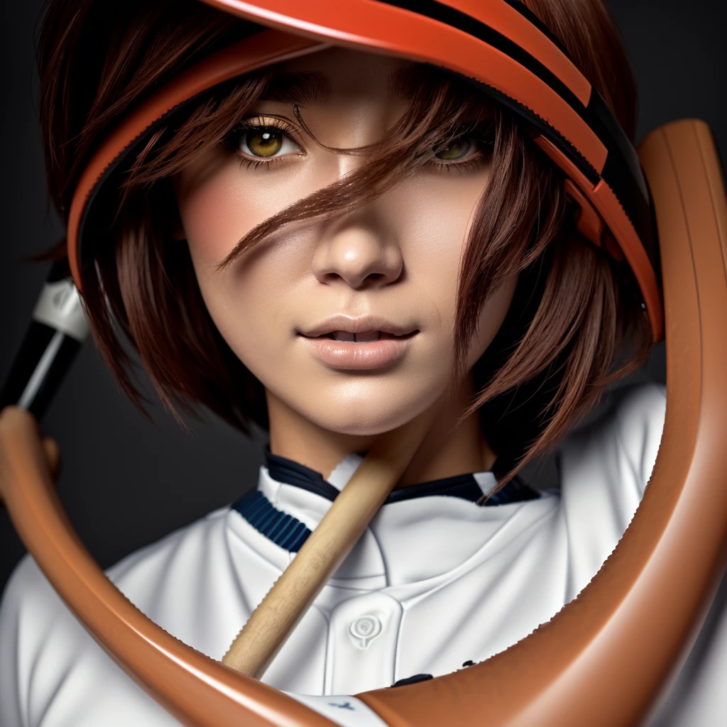 a close up of a cartoon character holding a baseball bat, 2 d anime style, female protagonist