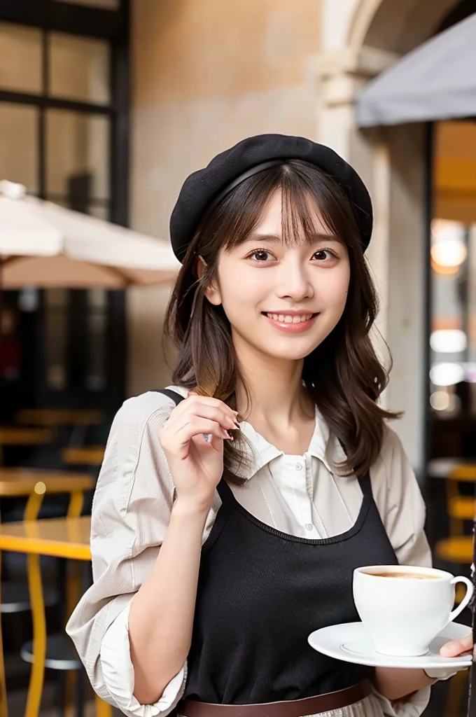 (masterpiece, best quality, perfect anatomy, highres, 8k, realistic, photorealistic, natural skin texture, no makeup:1.2), (afternoon:1.5), 1girl, solo, Japanese, age20, female charming university student, very cute, (large breasts:1.5), sitting at a cozy café table, a small dessert in front of her, She leans slightly forward, playfully holding a fork toward the dessert, with a relaxed, warm smile, Her stylish outfit includes a mini skirt and a beret, complemented by soft waves in her medium-length hair, The café is softly lit, creating a welcoming atmosphere, and the composition captures her elegance and youthful energy, Autumn-inspired décor surrounds her, vertical frame, jp idol, inugao