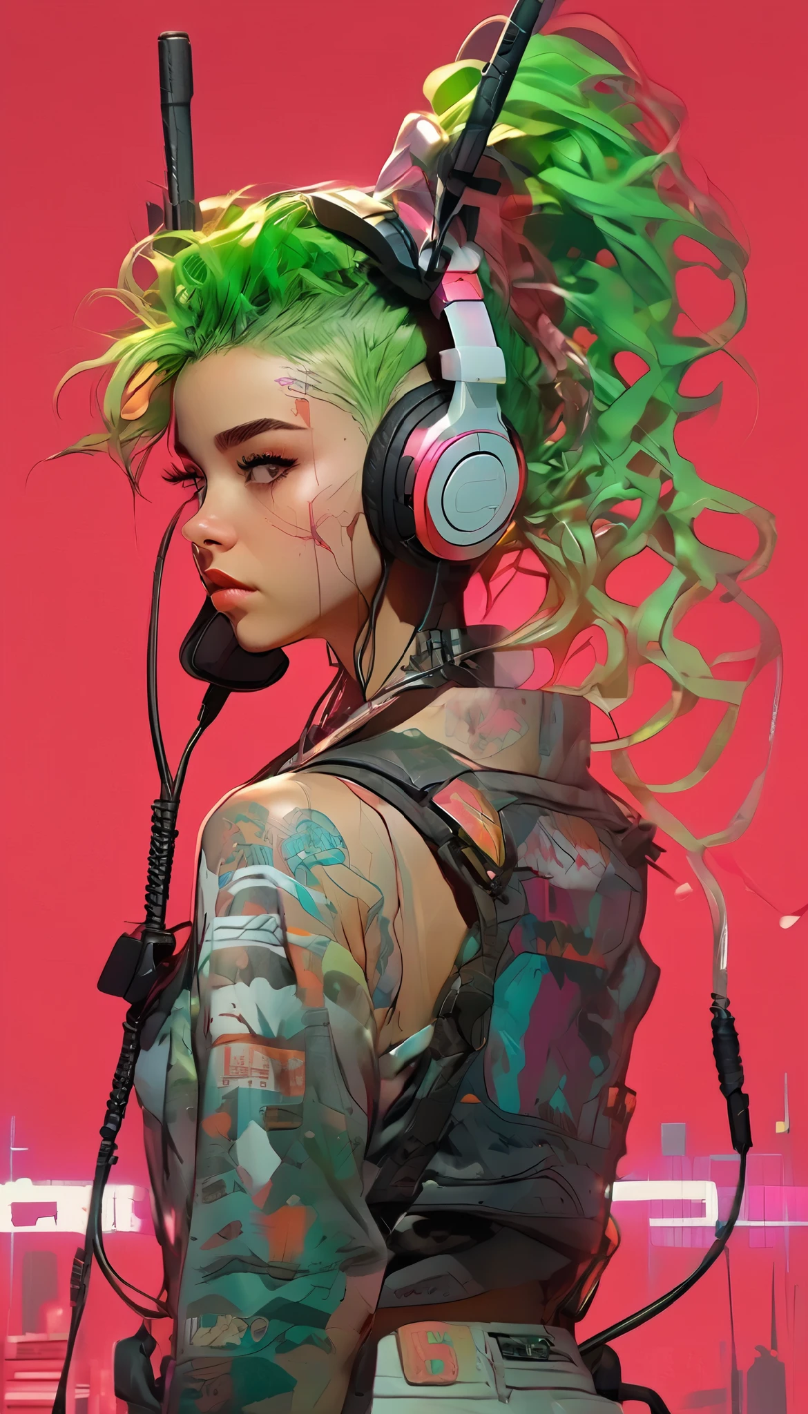  general shot of a person with green hair and headphones,  advanced digital cyberpunk art , Glitchpunk girl, Estilo cyberpunk hiperrealista, In Cyberpunk 2077,  cyberpunk ,  cyberpunk digital art - anime ,  work of art in the style of Guweiz, cyberpunk art style, estilo cyberpunk silenciado, An adolescent biopunk cyborg , cyberpunk using 